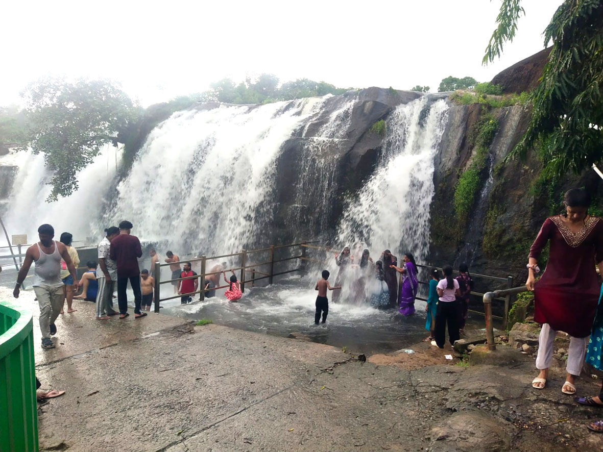 குமரி மாவட்டம் திற்பரப்பு அருவியில் தண்ணீர் ஆர்ப்பரித்துக்கொட்டுகிறது